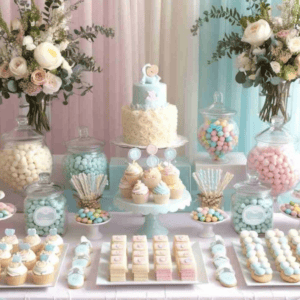 Allestimento Sweet Table per Baby Shower a Milano nei toni del pastello con torta scenografica e confetti.