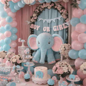 Allestimento Baby Shower a tema elefantino con arco di palloncini rosa e azzurri.